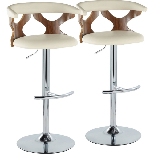 Gardenia Adjustable Swivel Bar Stool in Walnut Wood, Chrome & Cream Leatherette (Set of 2)